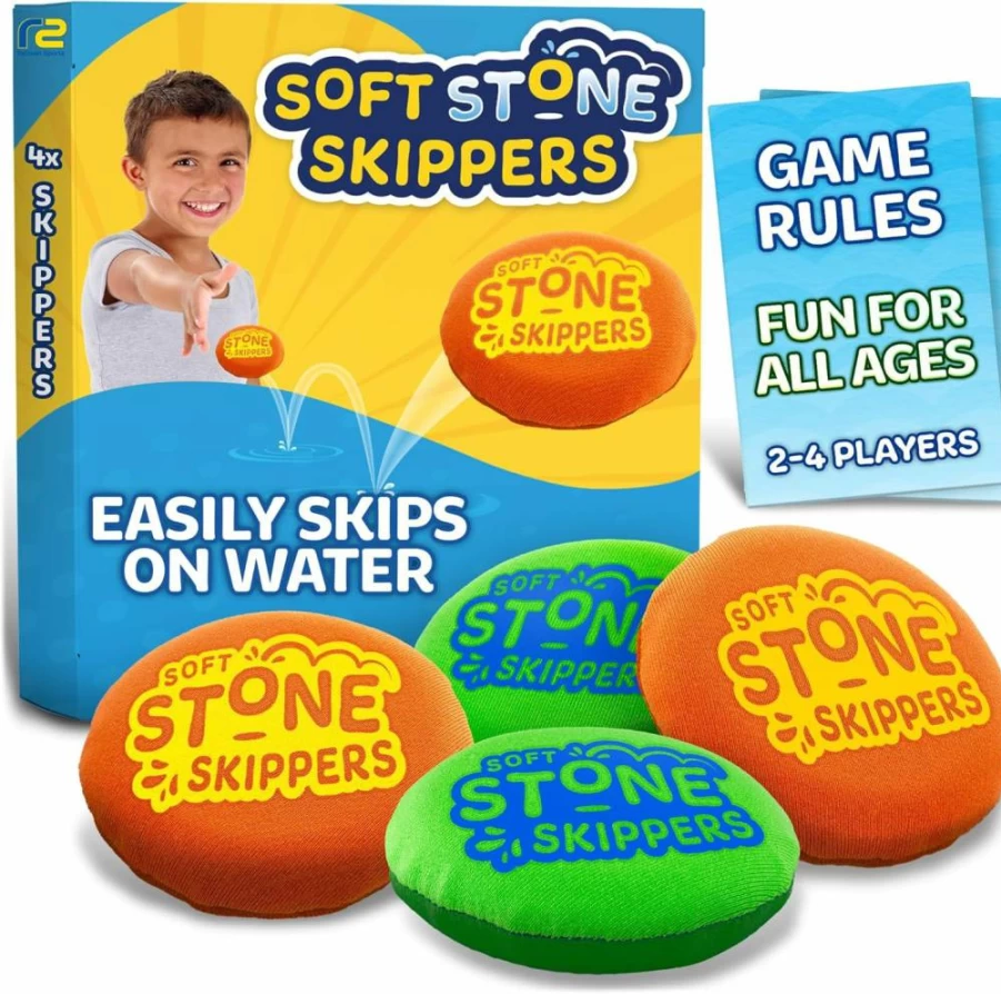 Refresh Sports Water Skipping Stones - 4 Pack Soft Stone Skippers for Kids, Best Outdoor Beach & Pool Toy Gift for Boys & Girls Ages 5-12, Fun Bouncing Skip Ball Game for All Ages