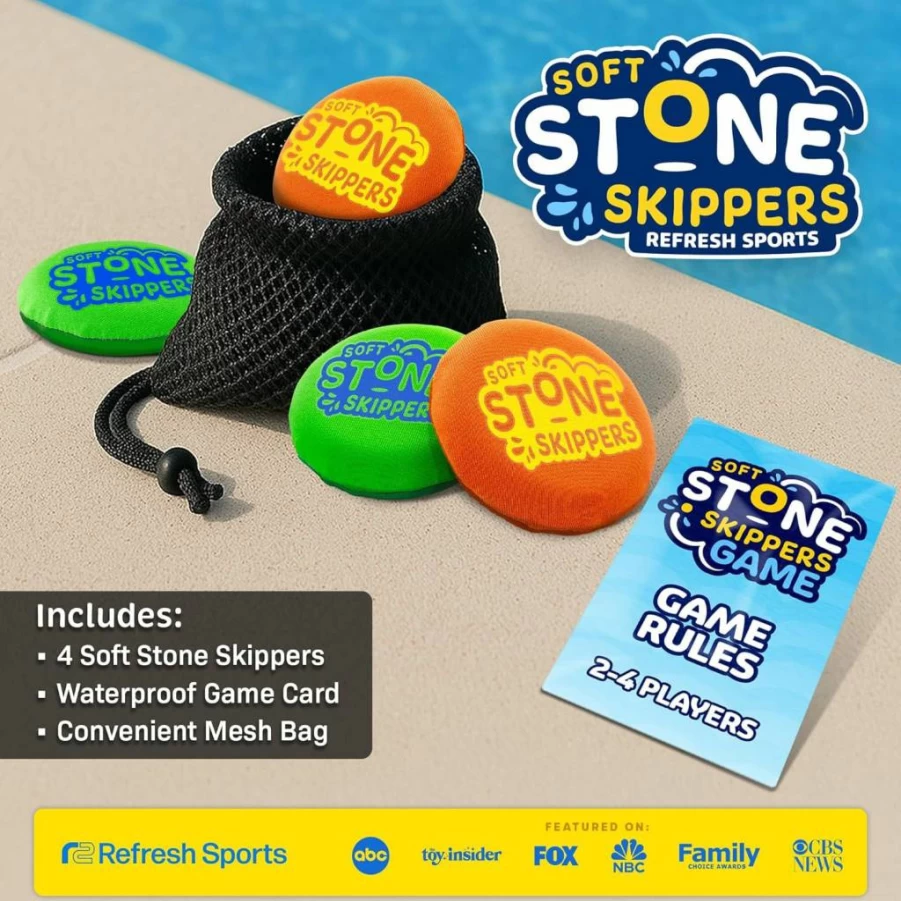 Refresh Sports Water Skipping Stones - 4 Pack Soft Stone Skippers for Kids, Best Outdoor Beach & Pool Toy Gift for Boys & Girls Ages 5-12, Fun Bouncing Skip Ball Game for All Ages