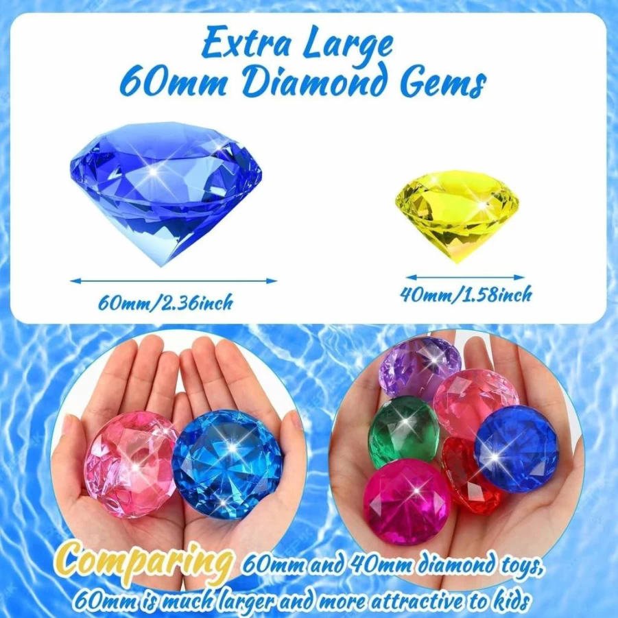 MARFOREVER 60mm Large Acrylic Diamond Pool Toys - Colorful Pirate Treasure Diving Gems for Swimming Training, Summer Water Games & Birthday Party Favors