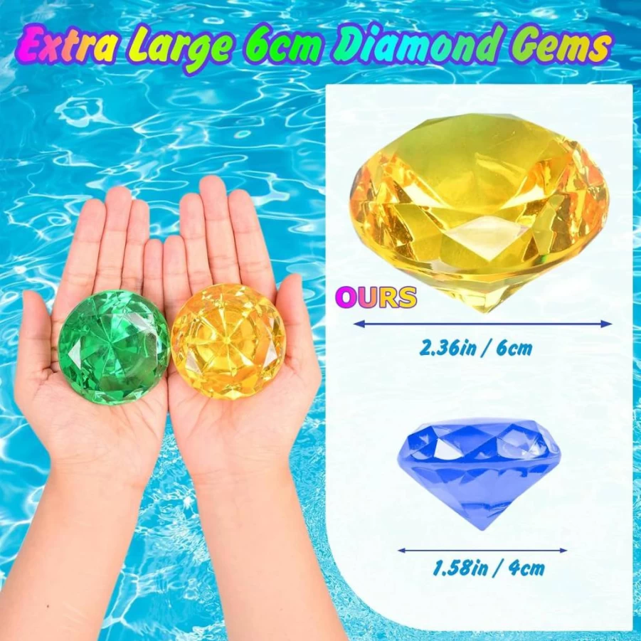 EnriQ 60mm Large Acrylic Diving Gems Pool Toys for Kids - Underwater Swim Training, Party Decor, and Vase Fillers - Diamond-Shaped Dive Game Accessories for Boys and Girls