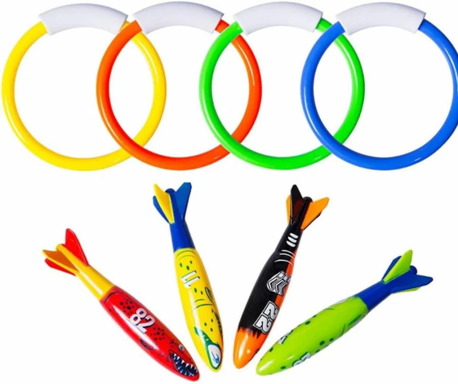 FULLSEXY 8-Piece Underwater Pool Diving Toys Set for Kids Ages 4-12 - Dive Rings & Torpedo Swim Training Game for Children