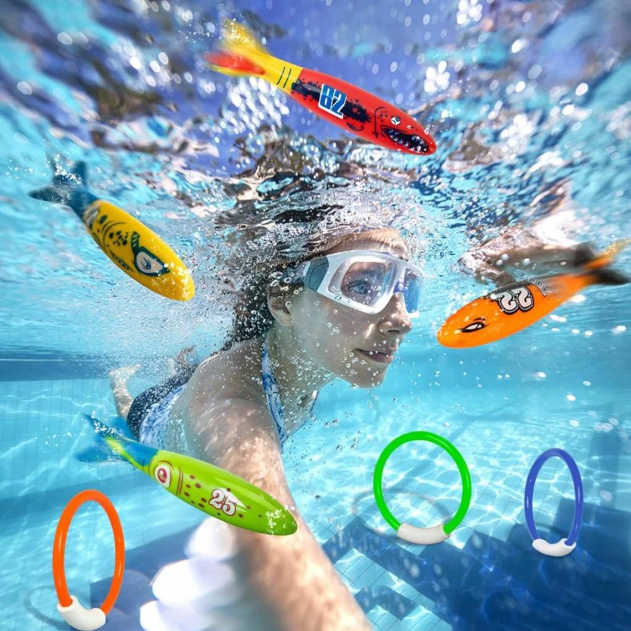 FULLSEXY 8-Piece Underwater Pool Diving Toys Set for Kids Ages 4-12 - Dive Rings & Torpedo Swim Training Game for Children