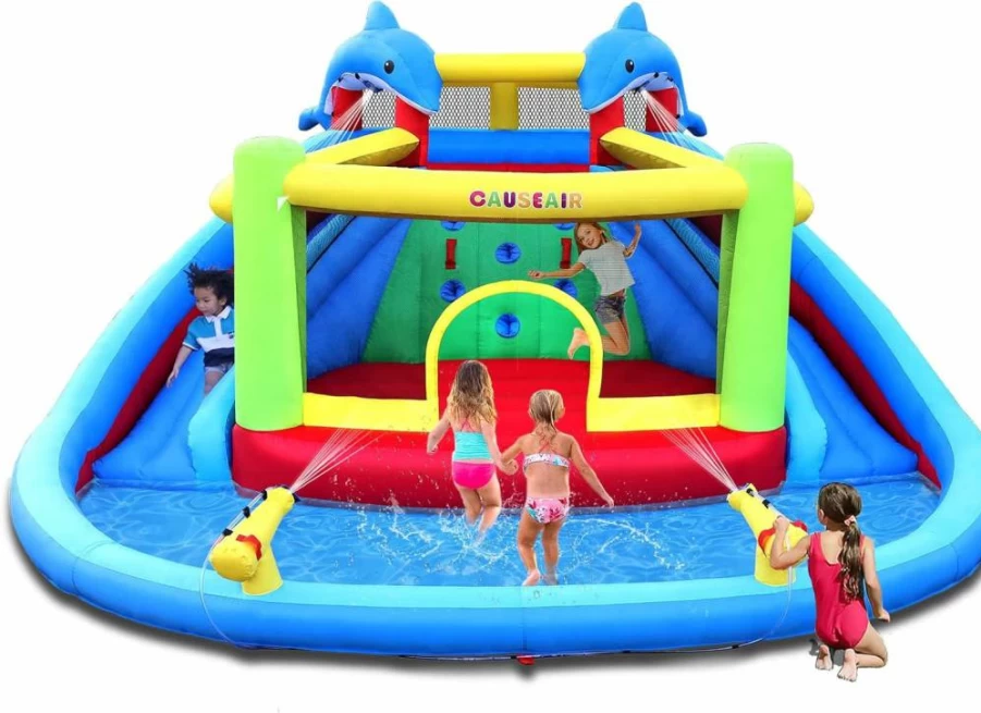 Causeair Inflatable Water Park for Kids - Dolphin Bounce House with Double Slides, Splash Pool, Water Cannons, Climbing Wall & Heavy Duty GFCI Blower - Backyard Summer Outdoor Play