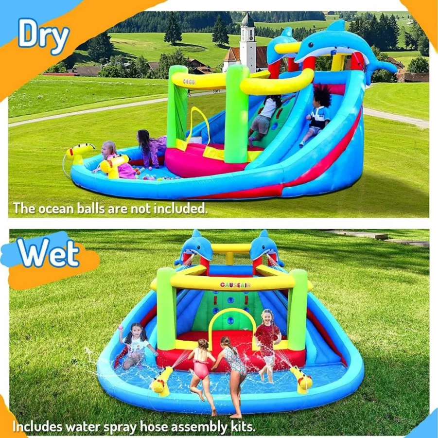 Causeair Inflatable Water Park for Kids - Dolphin Bounce House with Double Slides, Splash Pool, Water Cannons, Climbing Wall & Heavy Duty GFCI Blower - Backyard Summer Outdoor Play