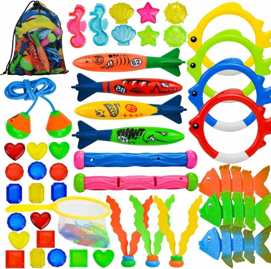 YGSEPCC 45-Piece Kids Pool Toys Set for Ages 3-12 - Underwater Dive Sticks, Fish Rings, Gemstones with Storage Bag for Summer Swimming Games