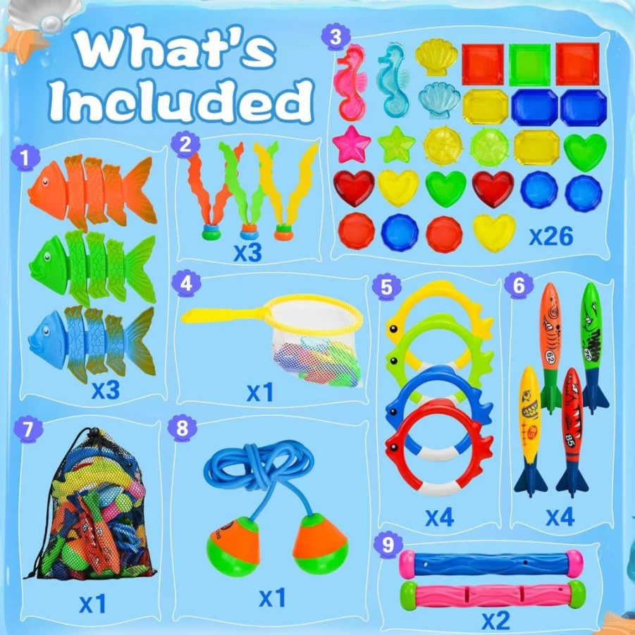 YGSEPCC 45-Piece Kids Pool Toys Set for Ages 3-12 - Underwater Dive Sticks, Fish Rings, Gemstones with Storage Bag for Summer Swimming Games
