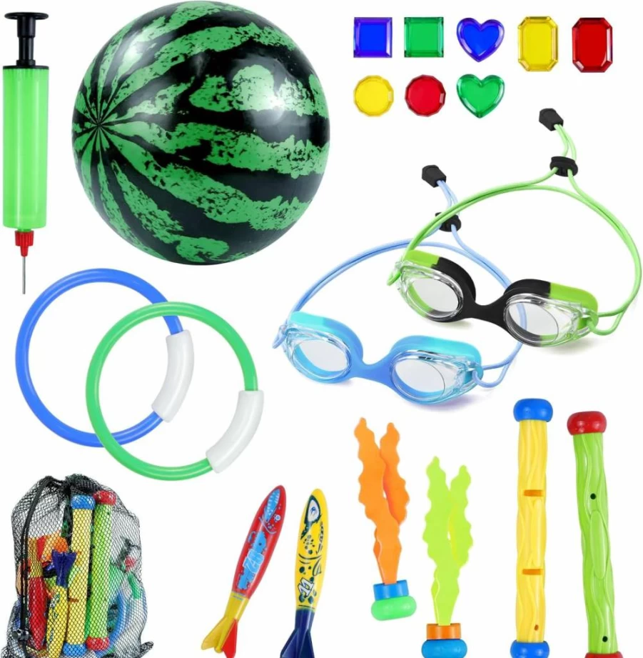 Vvinca 21-Piece Kids Diving Toy Set with Swimming Goggles, Pool Rings, Dive Sticks, Torpedoes & Storage Bag for Ages 3-12 - Perfect for Pool Parties & Water Training