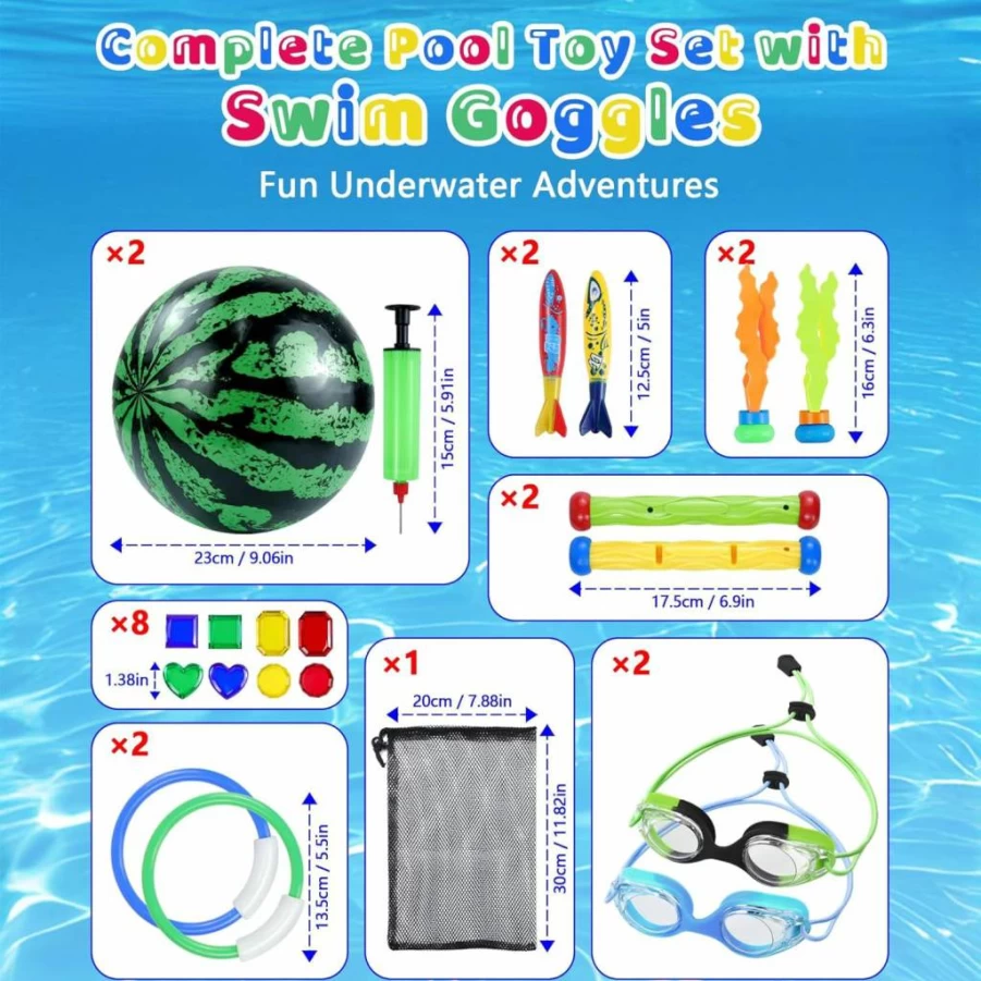 Vvinca 21-Piece Kids Diving Toy Set with Swimming Goggles, Pool Rings, Dive Sticks, Torpedoes & Storage Bag for Ages 3-12 - Perfect for Pool Parties & Water Training