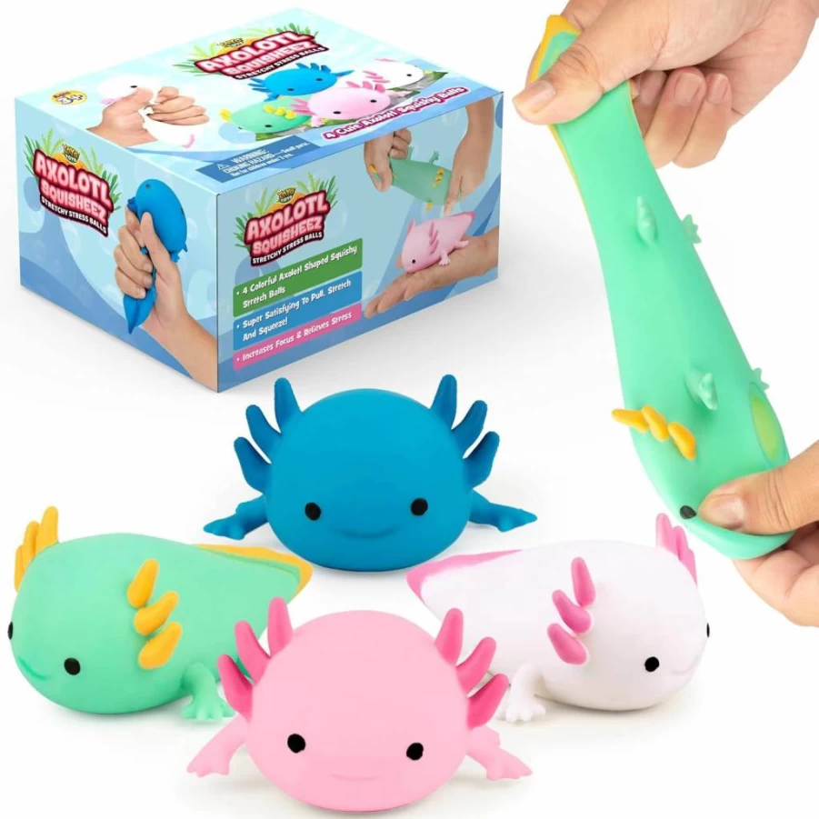 YoYa Toys Squisheez Axolotl 4-Pack - Kawaii Squishy Animals for Stress Relief, Cute Collectible Squishies in Pink, White, Green, Blue for Kids & Adults
