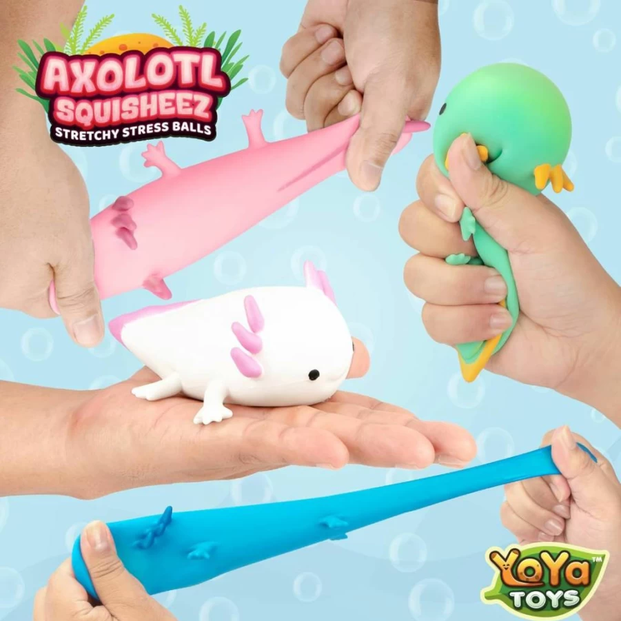 YoYa Toys Squisheez Axolotl 4-Pack - Kawaii Squishy Animals for Stress Relief, Cute Collectible Squishies in Pink, White, Green, Blue for Kids & Adults