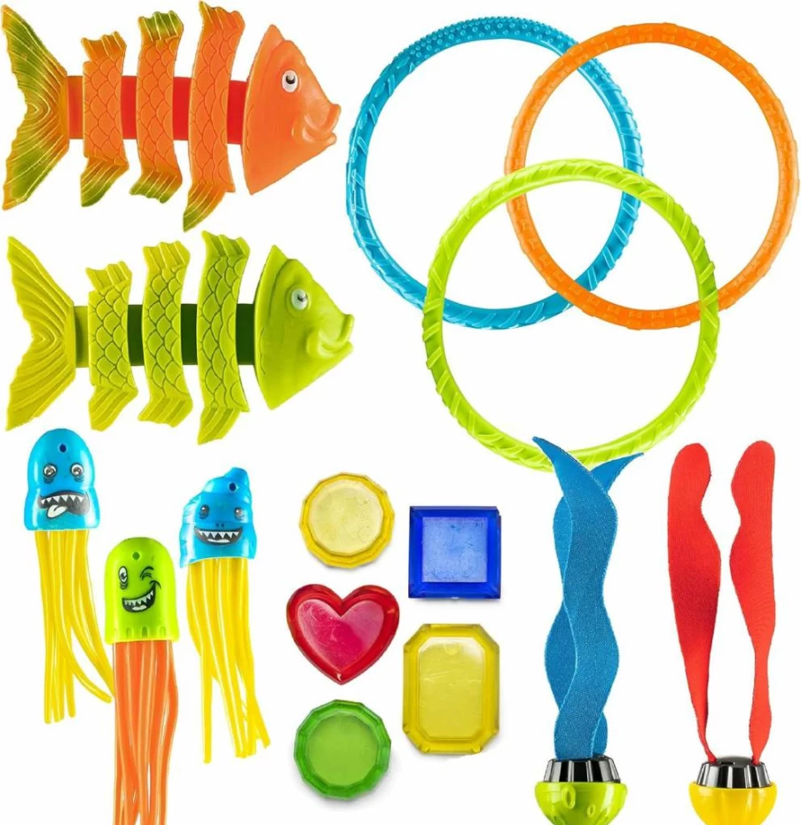 PREXTEX 15-Piece Sinking Pool Toys Set for Kids with Waterproof Carry Bag - Fun Diving Sticks & Rings for Underwater Swimming Games - Summer Pool Accessories for Children