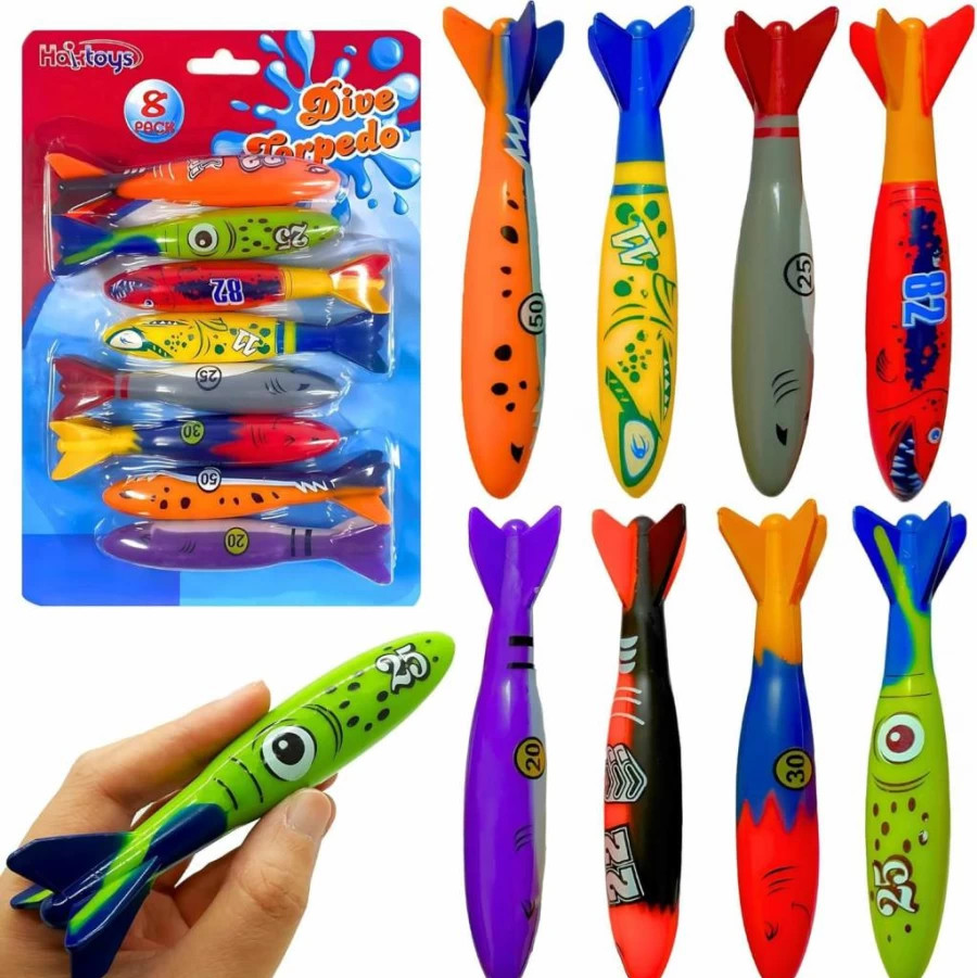 Haktoys 8-Pack Fast-Sinking Dive Torpedos for Pool Games, Swim Training & Water Play – Gliding Torpedo Rockets for Kids and Adults
