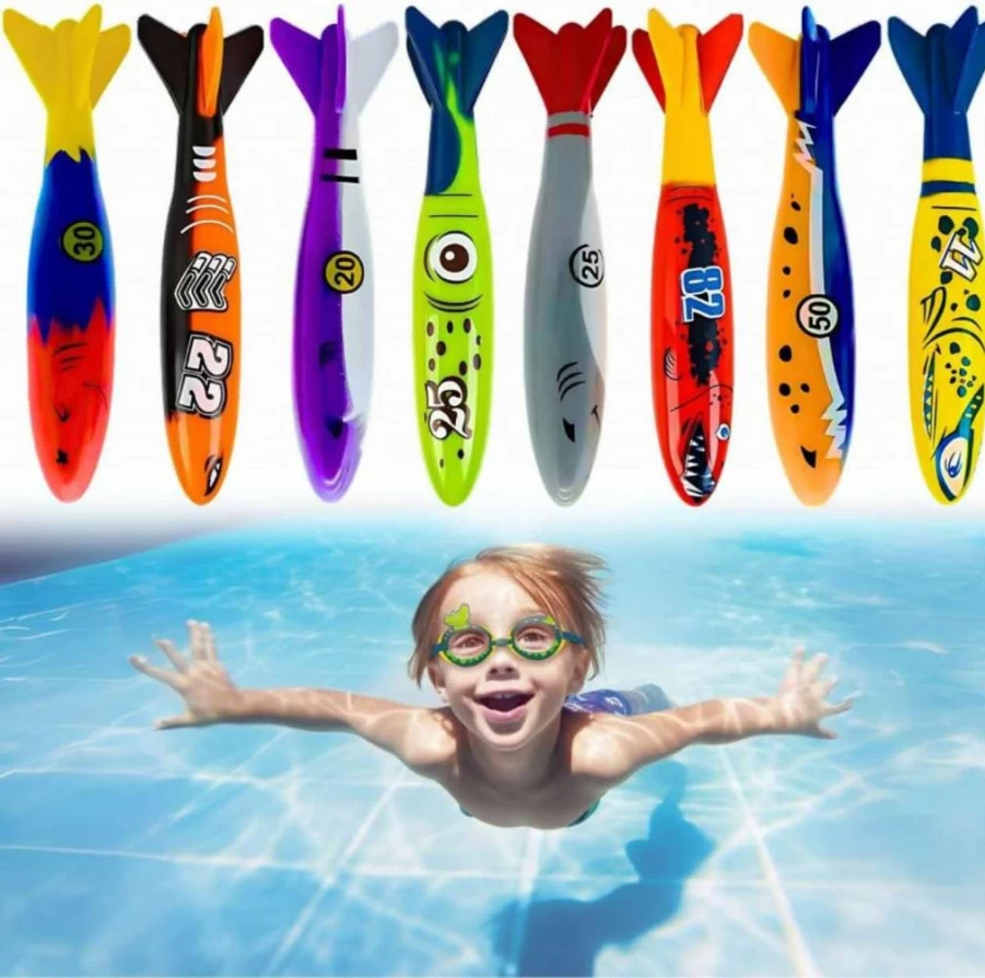 Haktoys 8-Pack Fast-Sinking Dive Torpedos for Pool Games, Swim Training & Water Play – Gliding Torpedo Rockets for Kids and Adults