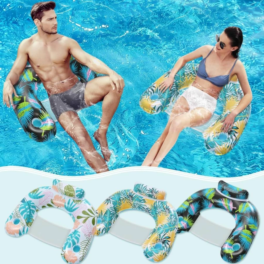 ANNIL 2-Pack Inflatable Pool Floats with Drink Holder and Headrest, Adult Floating Chairs for Swimming Pool Party, Summer Water Fun