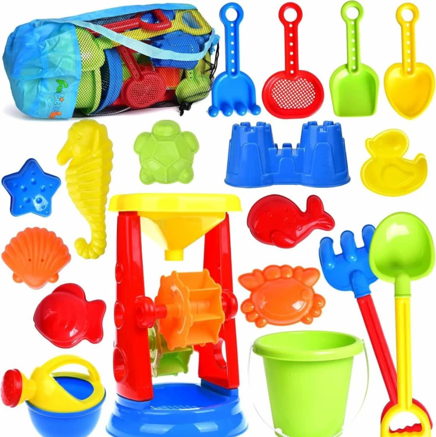 FUN LITTLE TOYS 19-Piece Beach Sand Toys Set for Kids Ages 3-13, Includes Bucket, Watering Can, Molds, Water Wheel & Mesh Bag for Sandcastle Building