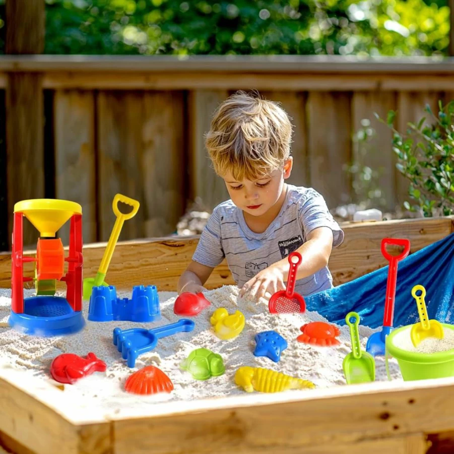 FUN LITTLE TOYS 19-Piece Beach Sand Toys Set for Kids Ages 3-13, Includes Bucket, Watering Can, Molds, Water Wheel & Mesh Bag for Sandcastle Building