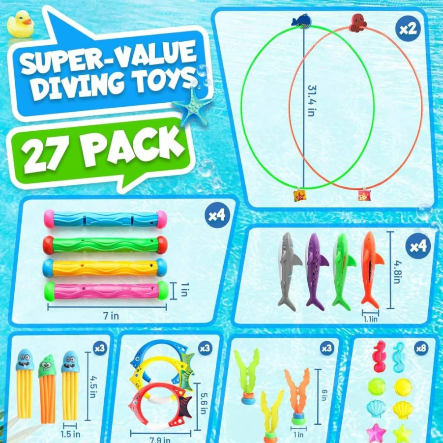 Daisiki 10-Piece Dive Ring Pool Toy Set for Kids & Adults - Shark Torpedo, Octopus Underwater Swimming Toys, Summer Water Fun Gifts for Boys Girls Ages 4-8