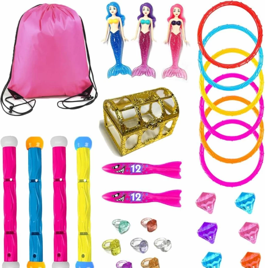 Jomi & Jolly 30-Piece Mermaid Dive Sticks Set for Kids - Underwater Treasure Hunt Toys with Pink Shark, Gems & Storage Bag, Pool & Bath Toys for Ages 3-12, Summer Swim Party Games