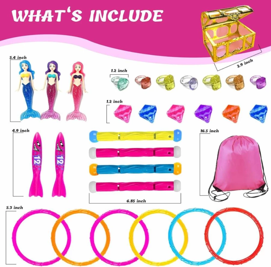 Jomi & Jolly 30-Piece Mermaid Dive Sticks Set for Kids - Underwater Treasure Hunt Toys with Pink Shark, Gems & Storage Bag, Pool & Bath Toys for Ages 3-12, Summer Swim Party Games