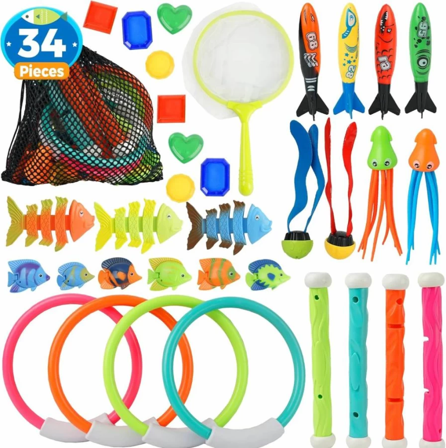 BELLOCHIDDO Kids Diving Pool Toys Set - 12 Underwater Rings & Sticks for Ages 4-8, Summer Water Training Game with Storage Bag, Outdoor Swim Accessories Gift for Boys Girls