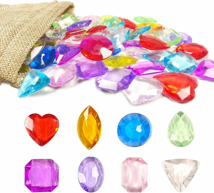 YUQILIN 120PCS Acrylic Gemstones for Kids - Colorful Plastic Jewels, Pirate Treasure Toys, DIY Crafts, Party Favors, Home Decor with Burlap Bag and Stickers