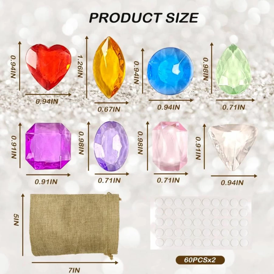 YUQILIN 120PCS Acrylic Gemstones for Kids - Colorful Plastic Jewels, Pirate Treasure Toys, DIY Crafts, Party Favors, Home Decor with Burlap Bag and Stickers