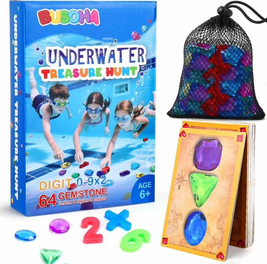 BUSOHA 6-in-1 Underwater Treasure Hunt Game Set with Tic Tac Toe - Kids Swimming Pool Toys for Ages 6-12, Includes Mesh Bag & Gems - Perfect Water Gift for Boys & Girls