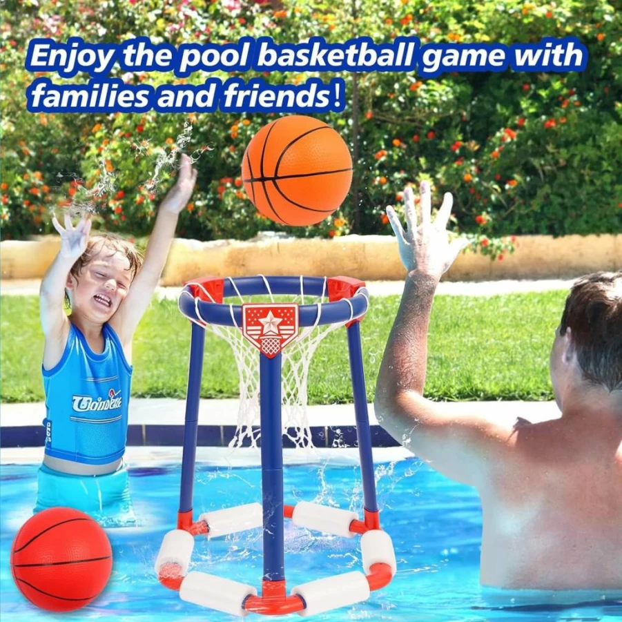Qssart Floating Pool Basketball Hoop Set with 3 Balls & Pump - Summer Water Games for Kids, Poolside Sports Toys, Outdoor Swimming Pool Accessories