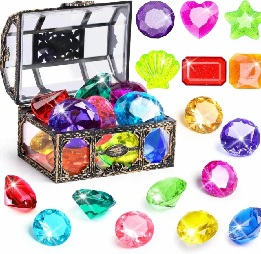 DISHIO 10Pcs Colorful Diamond Diving Toys for Kids - Sinking Gemstone Pool Set with Treasure Chest for Underwater Swimming Party Games & Birthday Decorations