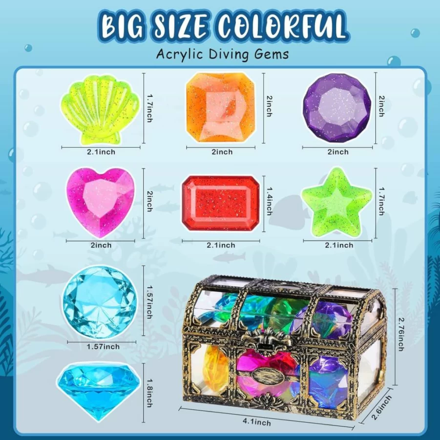 DISHIO 10Pcs Colorful Diamond Diving Toys for Kids - Sinking Gemstone Pool Set with Treasure Chest for Underwater Swimming Party Games & Birthday Decorations