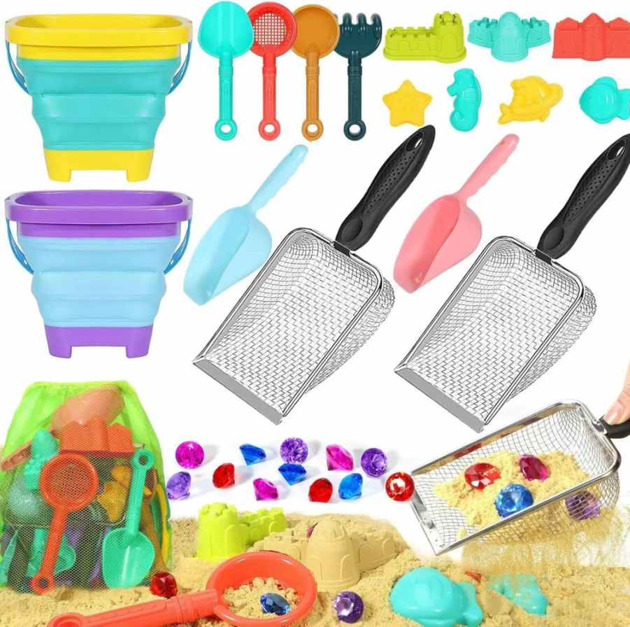 HUITEM Kids Beach Sand Toys Set with 2 Collapsible Buckets, Shovels, Sifters, Sea Animal Molds, Gem Pool Toys & Travel Mesh Bag for Toddlers Ages 3-10