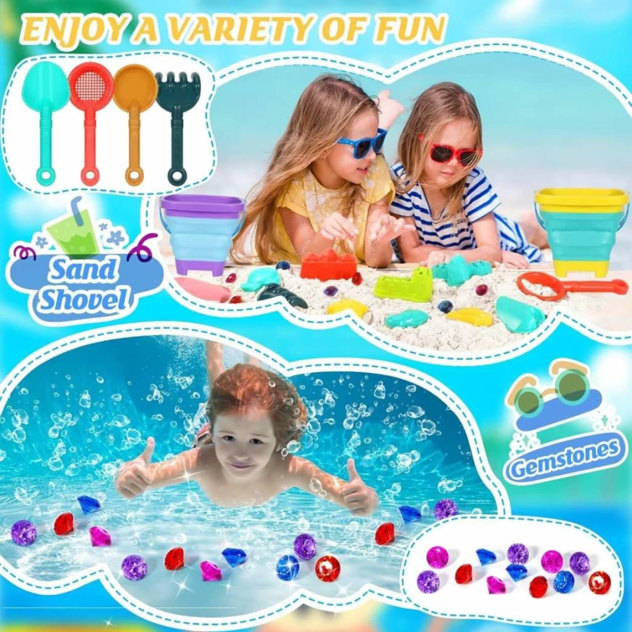 HUITEM Kids Beach Sand Toys Set with 2 Collapsible Buckets, Shovels, Sifters, Sea Animal Molds, Gem Pool Toys & Travel Mesh Bag for Toddlers Ages 3-10