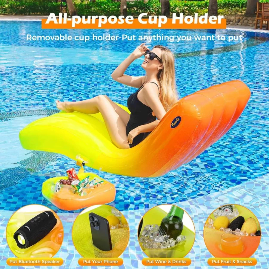 Funbroz Orange Inflatable Pool Lounger with Cup Holder - Large Rainbow Floating Chair for Adults, Durable PVC Beach Float for Pool, Lake & Party