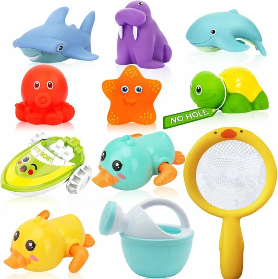 QODLIT Wind-Up Bath Toys Set for Babies 6-12 Months - No Hole Swimming Ducks, Boat, Fishing Net & Watering Can for Toddlers 1-3 Years, Safe Baby Pool Toys for Boys & Girls