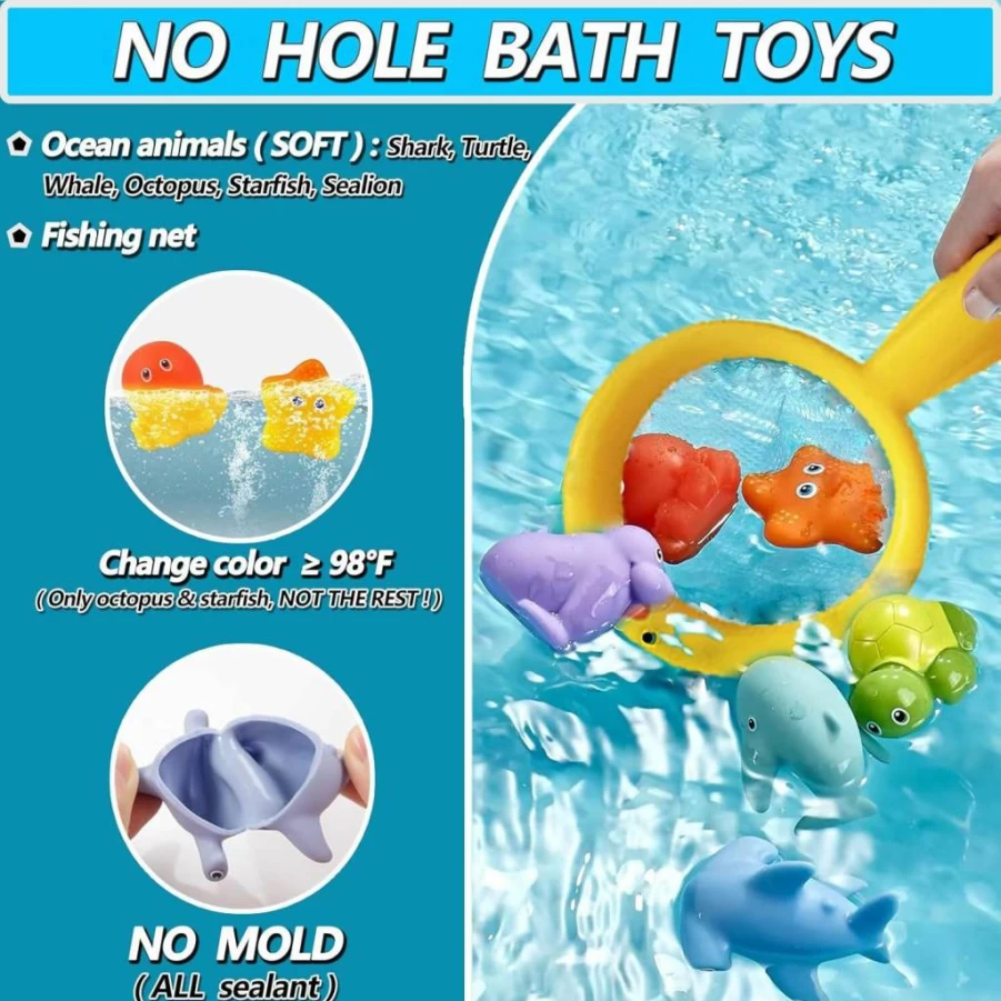 QODLIT Wind-Up Bath Toys Set for Babies 6-12 Months - No Hole Swimming Ducks, Boat, Fishing Net & Watering Can for Toddlers 1-3 Years, Safe Baby Pool Toys for Boys & Girls