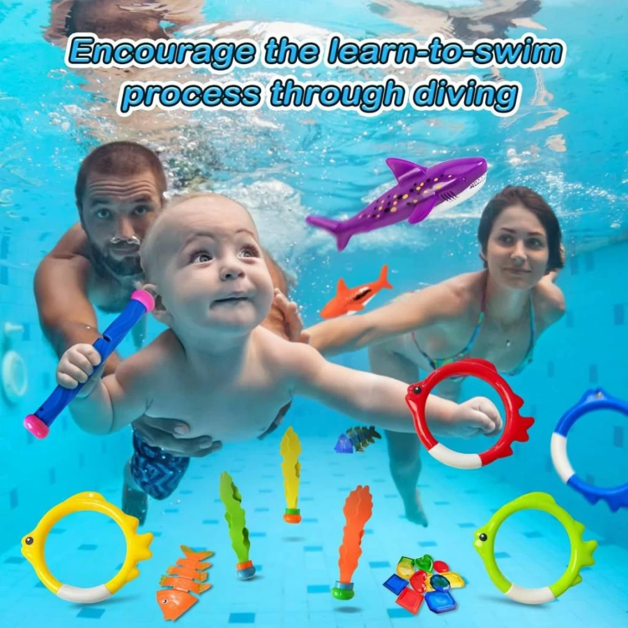 Jasonwell 25Pcs Swimming Pool Toys Set - Dive Sticks, Rings, Underwater Treasures, Torpedo Bandits for Kids, Adults, Family Water Games