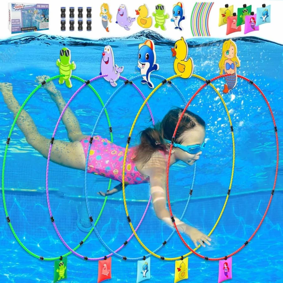Gushu 15 Pcs Diving Pool Toys for Kids Ages 4-12, Swim Thru Rings with Buoys & Sandbags, Underwater Training Gear, Swimming Games, Water Sports Gift Set
