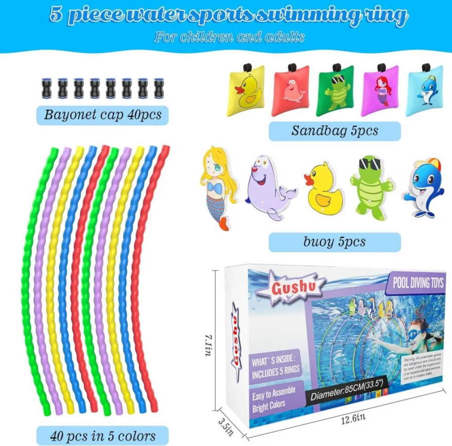 Gushu 15 Pcs Diving Pool Toys for Kids Ages 4-12, Swim Thru Rings with Buoys & Sandbags, Underwater Training Gear, Swimming Games, Water Sports Gift Set