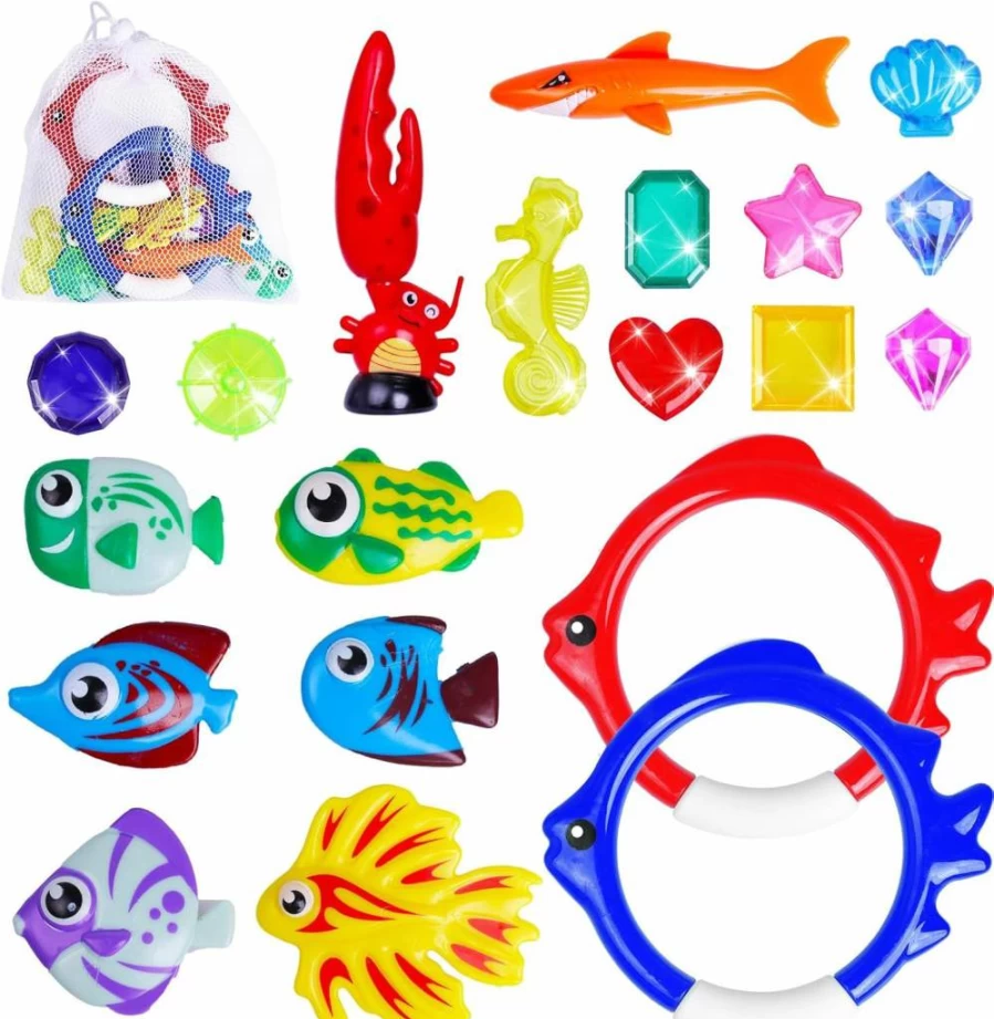 Dmbeked 18-Piece Kids Summer Swimming Pool Toys Set - Sinking Diving Game with Shark, Torpedo, Gem Fish Rings & Sea Animals, Fun Water Play Gift for Boys Girls Toddlers, Includes Storage Bag