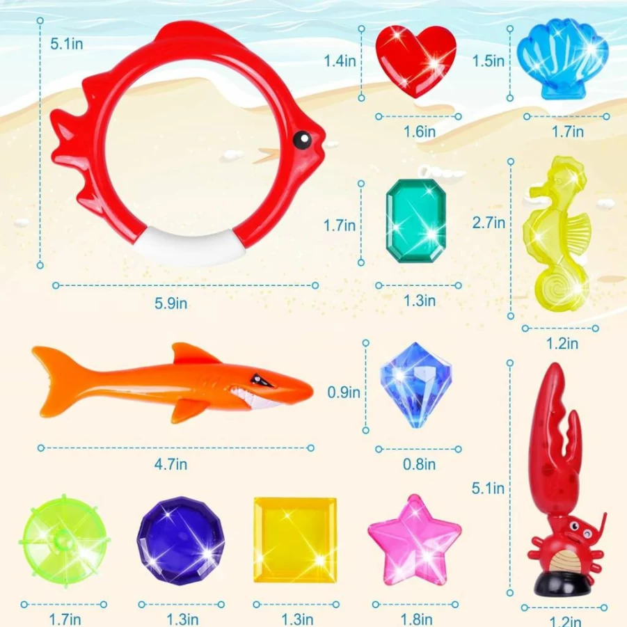 Dmbeked 18-Piece Kids Summer Swimming Pool Toys Set - Sinking Diving Game with Shark, Torpedo, Gem Fish Rings & Sea Animals, Fun Water Play Gift for Boys Girls Toddlers, Includes Storage Bag