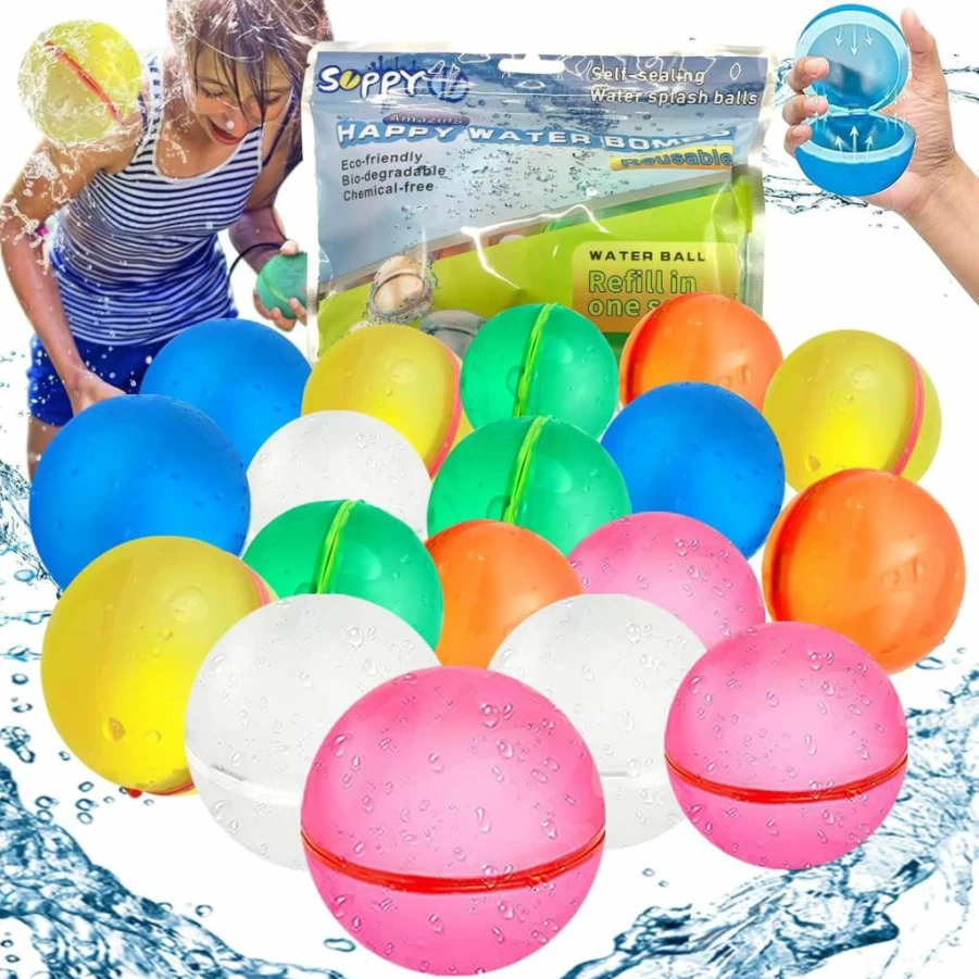 KISKISBY Reusable Water Balloons 18-Pack - Self-Sealing Silicone Water Bombs for Kids, Quick Fill Splash Balls for Outdoor Summer Fun, Pool, Beach Toys for Ages 4-12