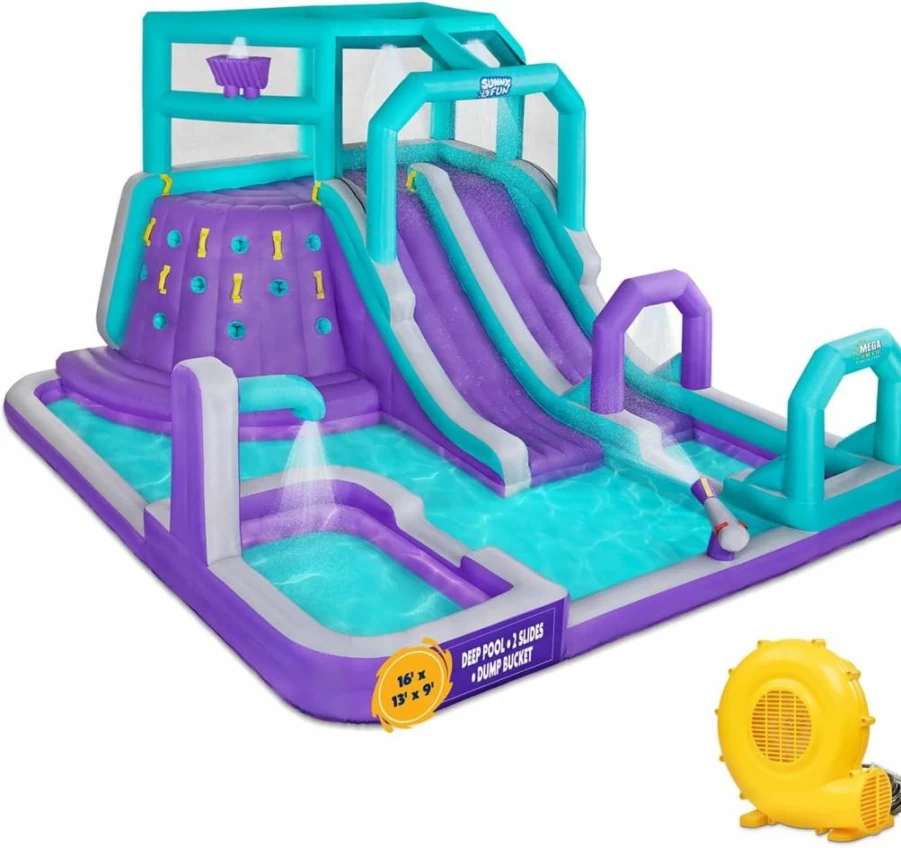 SUNNY & FUN Mega Climb N' Go Inflatable Water Slide Park with Climbing Wall, Dual Slides, Splash Pool - Heavy-Duty Outdoor Water Park for Kids - Includes Air Pump & Carrying Bag - Easy Setup