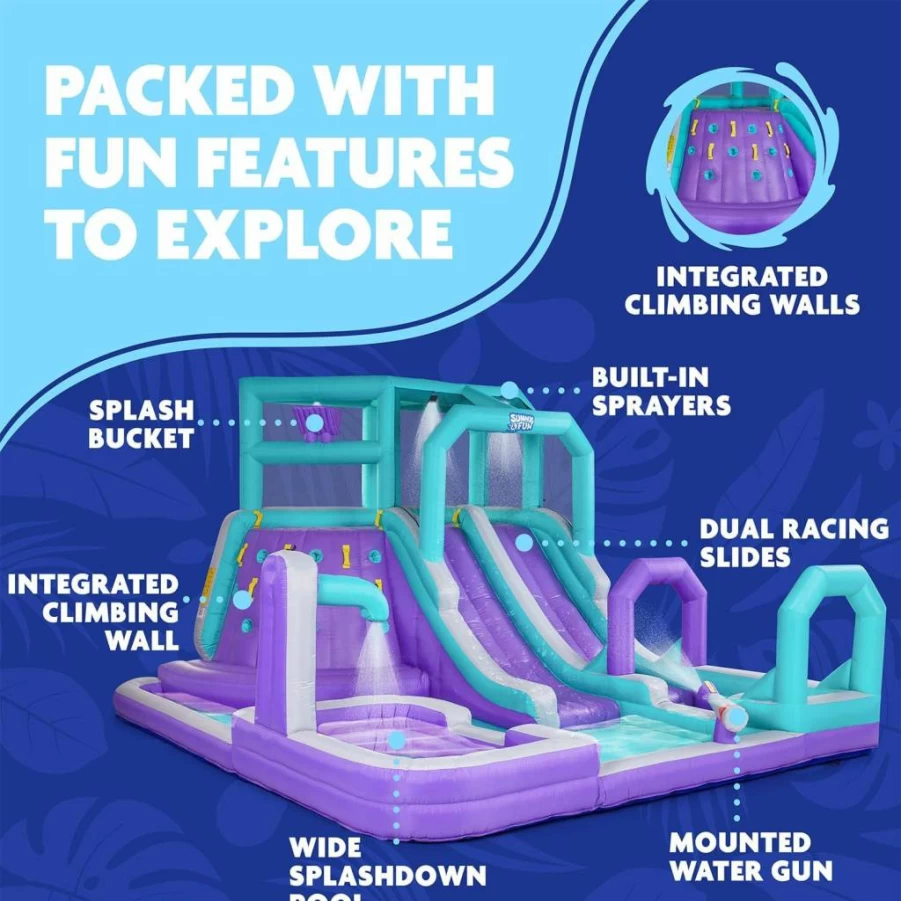 SUNNY & FUN Mega Climb N' Go Inflatable Water Slide Park with Climbing Wall, Dual Slides, Splash Pool - Heavy-Duty Outdoor Water Park for Kids - Includes Air Pump & Carrying Bag - Easy Setup
