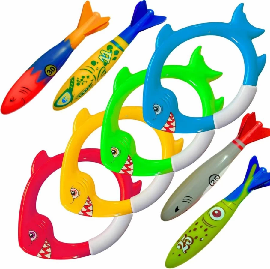 Haktoys 8-Piece Sinking Shark Dive Rings & Torpedo Pool Toys for Kids - Swim Training, Underwater Games, and Summer Pool Fun