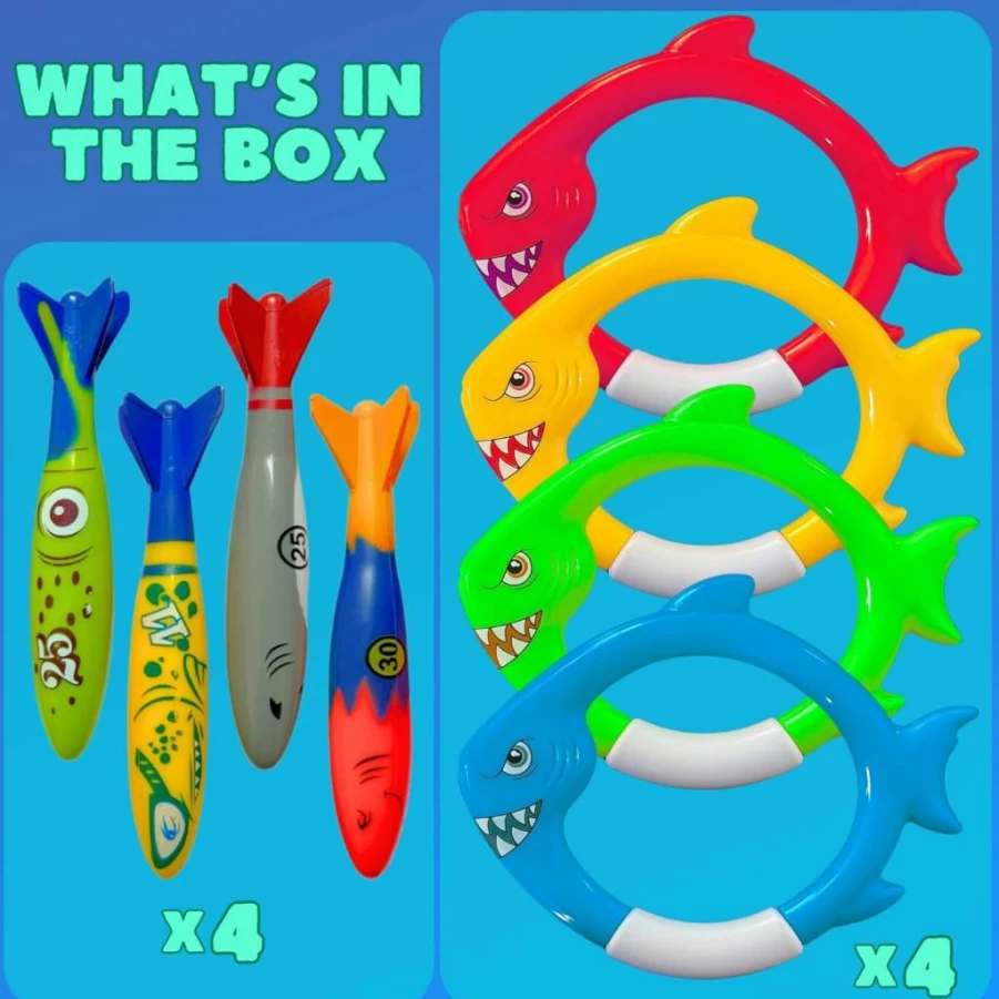 Haktoys 8-Piece Sinking Shark Dive Rings & Torpedo Pool Toys for Kids - Swim Training, Underwater Games, and Summer Pool Fun