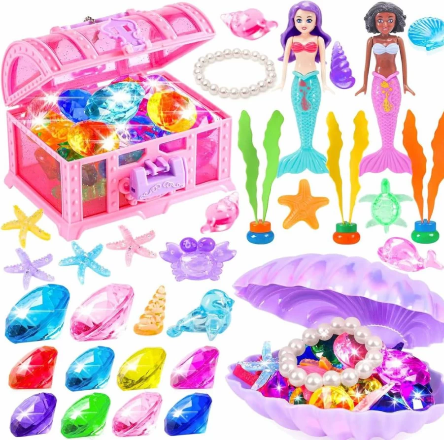 FUNCREVITY Mermaid Dive Toys Set with Treasure Chest & Storage Bag - Kids Pool Games for Boys Girls, Summer Water Play Gift for Toddlers