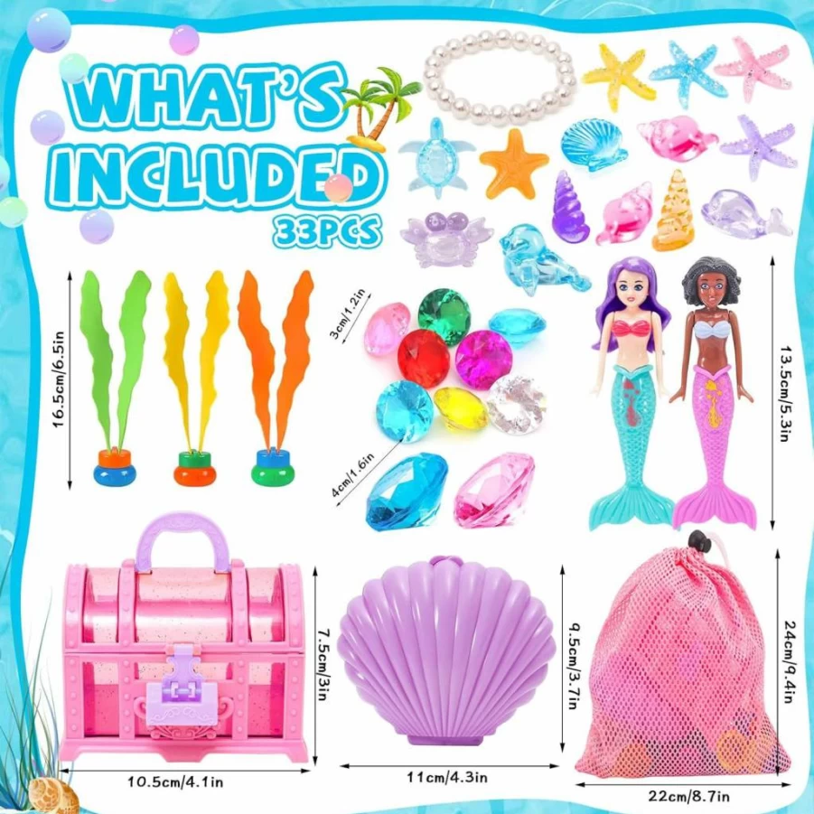 FUNCREVITY Mermaid Dive Toys Set with Treasure Chest & Storage Bag - Kids Pool Games for Boys Girls, Summer Water Play Gift for Toddlers
