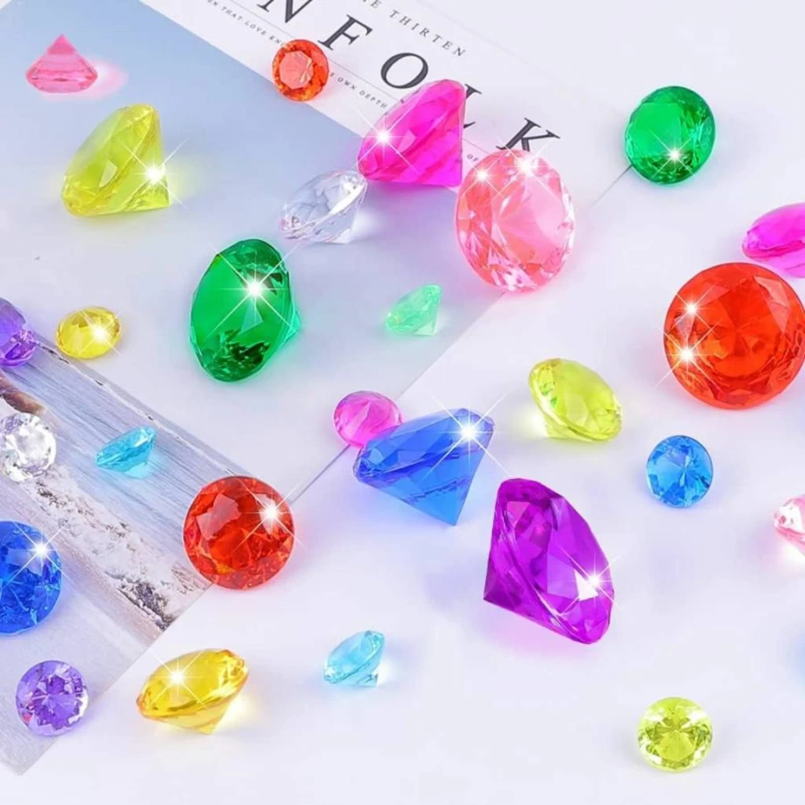 YUJUN 46-Piece Acrylic Diving Gem Set with Treasure Chest - Kids Pool Toys for Underwater Fun, Beach Party Favors, Fish Tank Decor (3 Sizes) - Birthday Gift for Boys & Girls