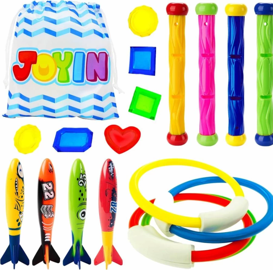 JOYIN 18-Piece Kids Pool Toys Set with Storage Bag - Includes Pool Rings, Diving Sticks, Bandits & Underwater Treasures for Swimming Games Ages 8-12