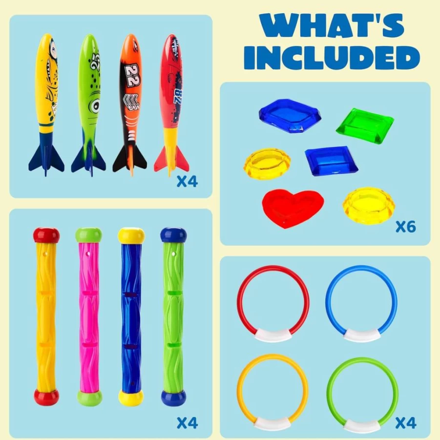JOYIN 18-Piece Kids Pool Toys Set with Storage Bag - Includes Pool Rings, Diving Sticks, Bandits & Underwater Treasures for Swimming Games Ages 8-12